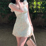KYLETHOMASW  -  French Sweet Mint Green Floral Dress for Women Summer New Style Stunning Small Flying Sleeves Lace Waist Skirt
