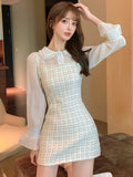 KYLETHOMASW  -  Elegant Plaid Mini Dress Sweet Casual Chic Flare Long Sleeves Chiffon Patchwork Birthday Party Short Dresses Female Clothing New