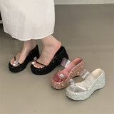 KYLETHOMASW  -  Designer Crystal Sequin Cloth Platform Wedge Slippers Women Street Style Clip Toe High Heels Banquet Summer Shoes