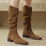 Kylethomasw   -  Women's Natural Suede Leather Square Toe Side Zip Autumn Knee High Western Boots Casual Female Long Boots Shoes Women