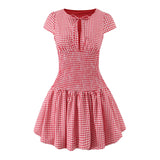 KYLETHOMASW  -  Women O Neck Short Sleeve A-line Slim Plaid Mini Dresses Casual Holiday Summer Dress 2025 Robe