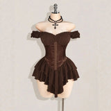 KYLETHOMASW  -  Jacquard Splicing Pleated Ruffle Edge Off-the-shoulder Multi-layer Ruffle Edge Hem A-word Chiffon Mini Dress
