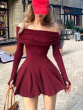 KYLETHOMASW  -  Sexy Slash Neck Short Dresses for Women Long Sleeves Slim Ruffles A-line Evening Party Dress Korean Chic Mini Vestidos Mujer New