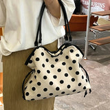 KYLETHOMASW  -  Vintage Black Polka Dot Canvas Tote Bag Leather Handle Drawstring Side Design Large Capacity Daily Shopping Shoulder Handbag