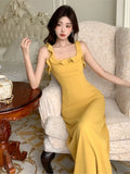 KYLETHOMASW  -  Women's Elegant Halter Sleeveless Midi Sling Dress Summer New Ruffled A-Line Slim Sexy Holiday Evening Party Bodycon Dress
