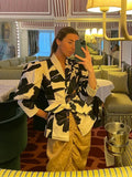 KYLETHOMASW  -  Elegant Flower Printed Women's Lace Up Shirt Chic Lapel V Neck Long Puff Sleeves Coat New Spring Lady Fashion Streetwear Shirts
