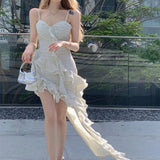 KYLETHOMASW  -  Elegant Party Ruffle Dresses for Women Chiffon Slim Dress Korean Bodycone Sweet Floral Dress Sleeveless Lace Fairycore