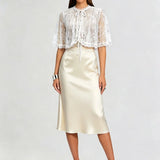 KYLETHOMASW  -  Women Lace Capelet with Bow Tie & Scalloped Trim Sheer Romantic Overlay Shirt Tops Shrug Cape Batwing Sleeve Cover Ups