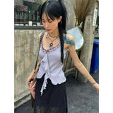 Kylethomasw   -  2024 Summer for Women Crop Tops Vintage Korean Retro High Street Auricularia Lace Camis Sleeveless Y2k Streetwear 00s Vest