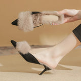 KYLETHOMASW  -  New Autumn Winter Fluffy Mules Slippers Women Pointed Toe Pumps Warm High Heels Slides Women Plush Thin Heels Slippers Female