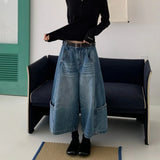KYLETHOMASW  -  Casual Woman’ s Deep Blue Capri Pants Simple Design High Waist Slim Retro Style Loose Fit Jeans Trendy Women's Shorts