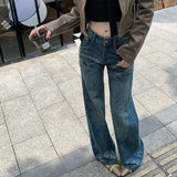 Kylethomasw High Waist Loose Casual All Match Jeans Women Autumn New Korean Fashion Splicing Washed Denim Wide Leg Pants