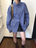 Kylethomasw Vintage Blue Plaid Shirts for Women Harajuku Letter Embroidery Checked Blouse Female Oversized Korean Fashion Clothes