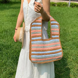 KYLETHOMASW  -  Retro Contrasting Striped Straw Woven Shoulder Bag Hand Crocheted Large Capacity Bag Casual Beach Vacation Hand-held Straw Bag