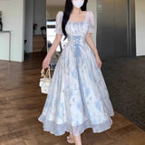KYLETHOMASW  -  New Women's French Waist Cinched Dress Tea Break Style Summer Hepburn Slimming Knot Butterfly Long Skirt Korean Version
