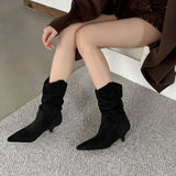 KYLETHOMASW  -  High Quality Faux Suede Kitten Heel Ankle Boots Women Fashion Pointed Toe Sewing Pleated Designer Boots Comfortable Modern Boots