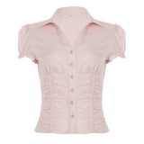KYLETHOMASW  -  Fashion Sweet Ruched Slim Fit Women Shirts Chic Solid Summer Cute All-Match Causal Blouses Simple