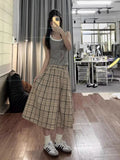 KYLETHOMASW  -  Vintage Plaid Skirt Women Preppy Style Harajuku Long Skirts Japanese Style Casual High Waist Maxi Skirts Streetwear