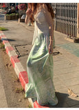 KYLETHOMASW  -  American Floral Print Casual Green A-line Skirt Women 2025 Summer New High Waist Fashion All Match Patchwork Mid-length Skirt
