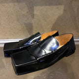 KYLETHOMASW  -  Fashion Square Toe Patent Leather Women's Loafers Comfortable Flat Mules for Women Retro Low Square Heel Black Women's Shoes