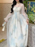KYLETHOMASW  -  Floral V Neck Long Dress Spring Summer A-line French Style Vintage Women Dresses Elegant Sweet A-line Vestidos Mujer
