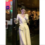 KYLETHOMASW  -  Korean Lace Long Sleeved Knitted Cardigan Autumn And Winter Patchwork French Style Top, Half Skirt High-end Set Two-Piece Set