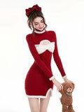 KYLTHOMASW  -  Sweet Hot Girl Christmas Red Dress Women's Autumn and Winter Sexy High Neck Knitted Wrap Hip Short Dress Fashion Female Clothes