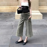 KYLETHOMASW  -  Daily Pockets Flare Calf Length Casual Pants Women Summer Vintage Luxury Low Waist Office Work Cropped Trousers Street Wear 954A
