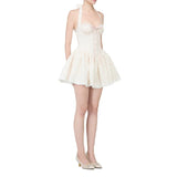 KYLETHOMASW  -  New Cream Pink Floral Halter Corset Mini Dress Lace Up Back Bow Tie Sweetheart Neck Ruffle Hem Lolita Fashion Dresses