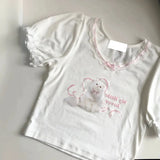 KYLETHOMASW  -  Chic Short Sleeve T-Shirt Women's Summer Dopaamine Sweet Short Style Cat Lace Trim Cotton Polyester Print round Neck Top