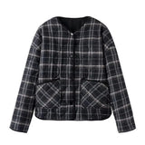 KYLETHOMASW  -  Ethnic Women Gray Plaid Wave Quilting Full Sleeve Loose Coat Outerwear Autumn Winter Covered Buttons O Collar Quilted Jacket