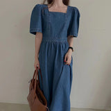 KYLETHOMASW  -  Korean Chic Summer Square Neck Back Zipper Waist Bubble Sleeve Denim Dress Women Beautiful Robe