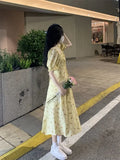 KYLETHOMASW  -  Women Summer Fashion Floral Print Ruffle Bandage Sweet Chic Midi Dress Casual Square Collar Short Sleeve Slim Slit Beach Dresses