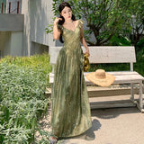 KYLETHOMASW  -  Elegnat Evening Party Wedding Birthday Dress for Women Summer V Neck Short Sleeve Print Floral Chiffon French Beach Long Dress