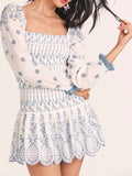 KYLETHOMASW  -  Fashion Women Floral Hollow Out Embroidery Elastic Mini Dress Vintage Long Sleeve Female Super-Short Dress Summer Robe