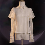 KYLETHOMASW  -  Vintage Mesh White Shirts Women Japanese Lolita Lace Bow Black Blouses Summer Kawaii Cute Ruffles Long Sleeve Design Tops