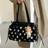 KYLETHOMASW  -  Polka Dot Canvas Tote Bag Pleated Drawstring Design Large Capacity Women Shoulder Bag Casual Daily Shopping Travel Handbag