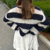 KYLETHOMASW  -  Women Autumn Winter Loose Fit Knitwear Jumpers Vintage Striped Fuzzy Knitted Sweater Casual Boat Neck Long Sleeve Pullover Tops
