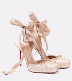 KYLETHOMASW  -  Pink Color Silk Satin Women Sandals Ankle Strap Lace-Up Ribbon Single Shoes Female Summer Elegant Lady High Heels Dressing Party