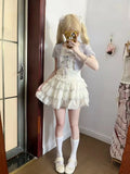KYLETHOMASW  -  Sweet Lolita Kawaii Lavender White Lace Puff Sleeve 3 Piece Set Women Girls Bow Tiered Mini Cake Skirt Outfit Daily Party