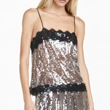 KYLETHOMASW  -  Women's Lace Trim Sequin Tank Top Spaghetti Straps Sparkly Cami Top Scallop Hem Rave Outfits  ﻿