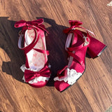 KYLETHOMASW  -  Japanese Sweets Style Lolita Shoes Women Kawaii Lace Bow Bandage Round Head Middle Heel Single Shoes Y2k Mary Jane Party Shoes