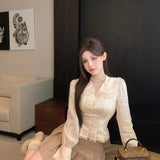 KYLETHOMASW  -  French Apricot Double-layer Lapel Long-sleeved Shirt for Women in Autumn Lace Fitted Waist Shirt