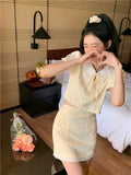 KYLETHOMASW  -  Summer Yellow Fashion 2 Piece Sets Cute Girl Short Puff Sleeve Lace Doll Collar Shirt Top&Mini Skirt 2pc Dress Suits