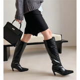 KYLETHOMASW  -  Knee High Boots For Women Stone Pattern Leather High Heels Autumn Winter Shoes Sexy Lady Long High Party Knight Booties