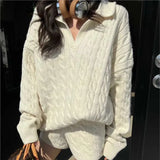 KYLETHOMASW  -  Korean Fashion Solid Two-piece Set Women V-neck Loose Pullover Sweater Top Shorts Casual Outfits Autumn New Suit Female Clothing