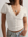 KYLETHOMASW  -  Fashion Solid Simple V-Neck Slim Fit Women Sexy Sheer Shirts Lace Spliced Button All-Match Blouses