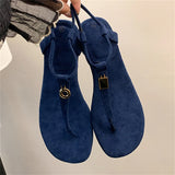 KYLETHOMASW  -  Summer Women's Blue Suede T-Strap Flip Flops Metal Decor Flat Sandals Ankle Strap Casual Slingback Slippers Beach Shoes