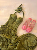 KYLETHOMASW  -  Elegant Green Camisole Long Skirt Retro Pleated Backless Off-shoulder High Waist Sexy Deep V Dress Party Evening Gowns Date Robe