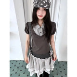 KYLETHOMASW  -  American Retro Daily Mixed Wear College Style Short Sleeved Top Casual Waist Cinched Pleated Half Skirts Autumn Y2k Vintage 2pcs